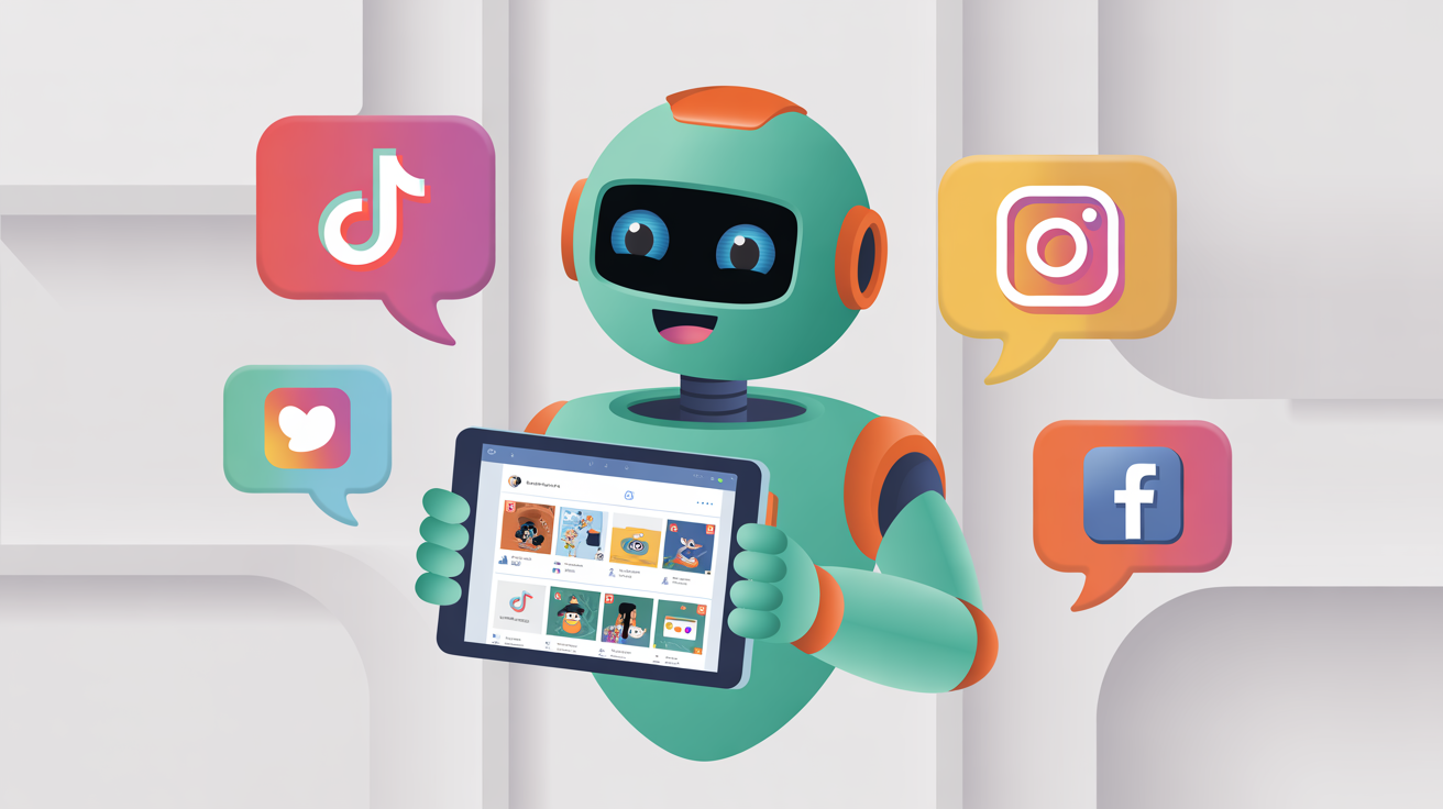 AI prompts for email and social marketing showing robot with social platform icons