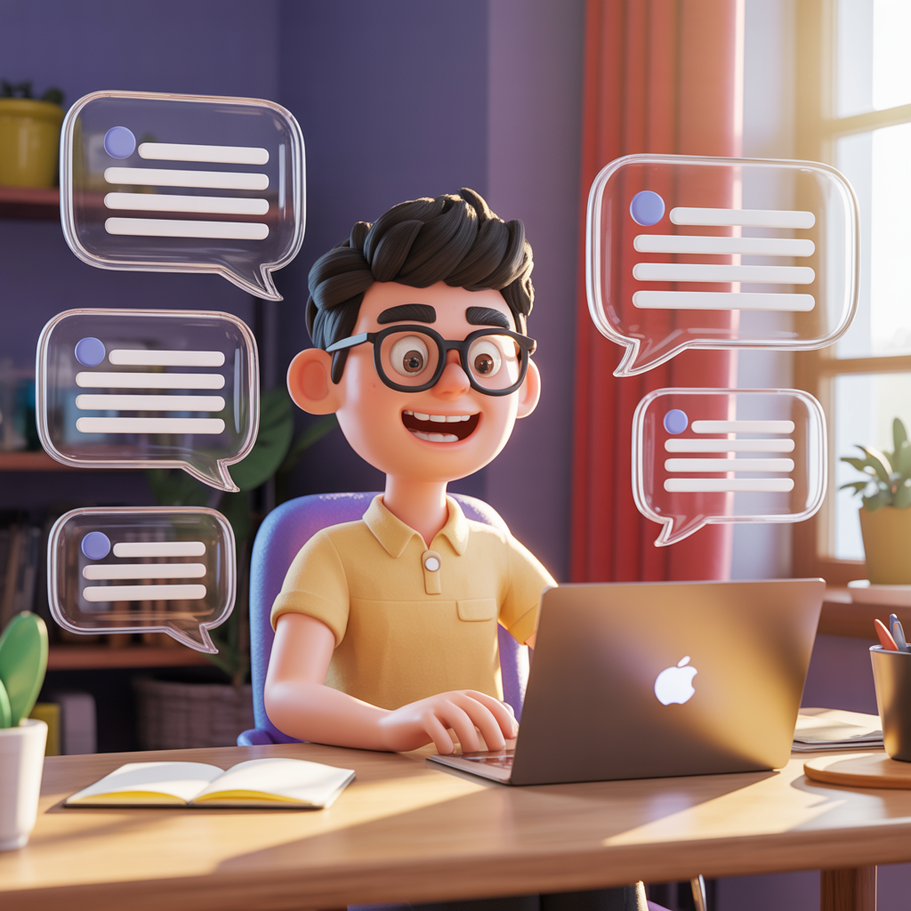 Happy creator crafting effective AI prompts at a laptop