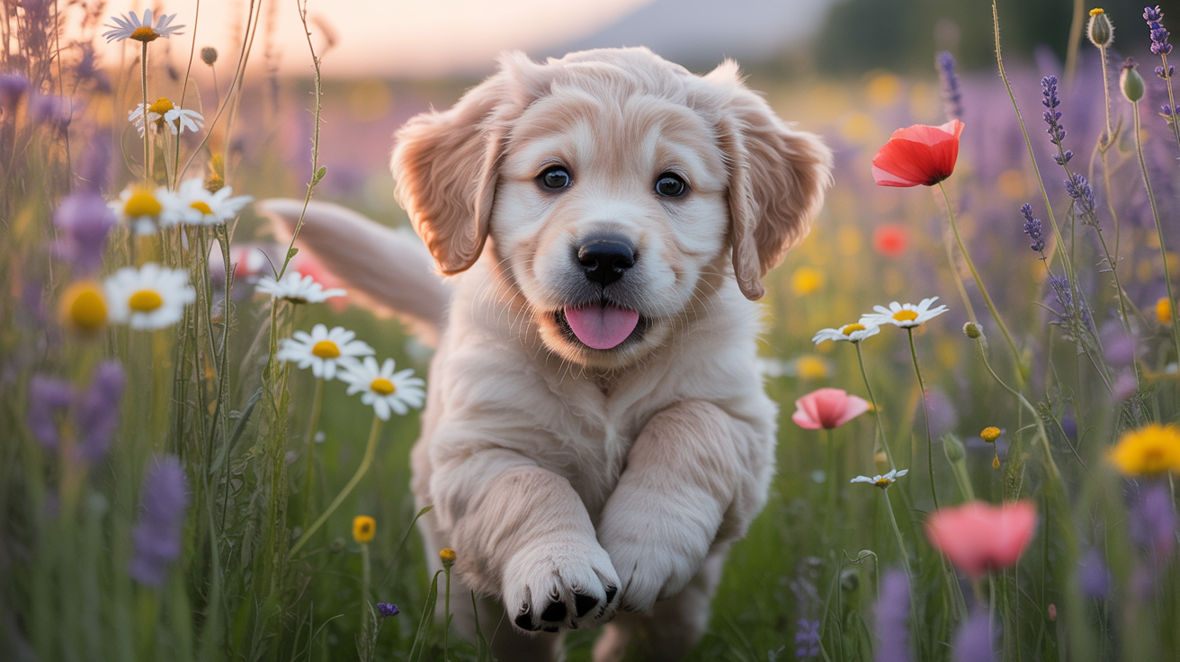 Golden retriever puppy in flower field demonstrating detailed prompt results