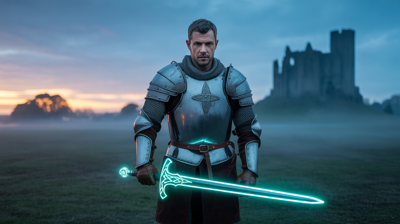 Medieval knight with glowing lightsaber demonstrating creative prompt combinations